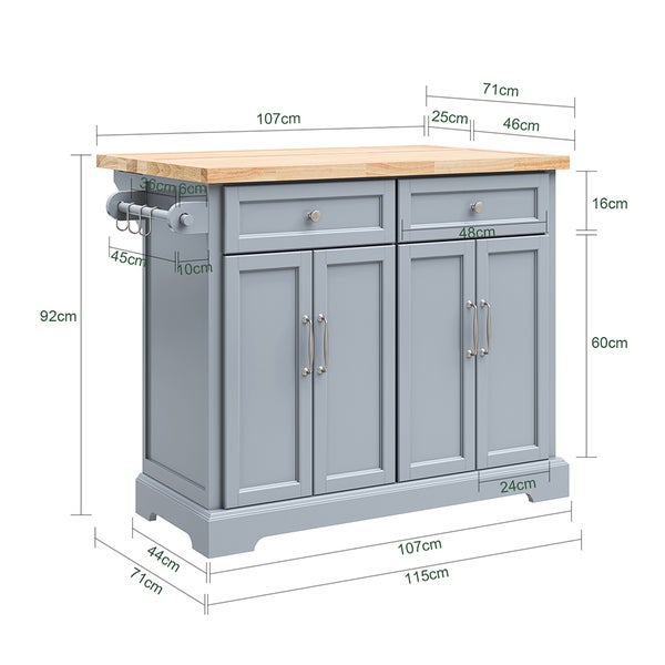 Kücheninsel mit hölzerner Arbeitsplatte, zwei Schubladen, Schrank und Handtuchhalter mit Maßen