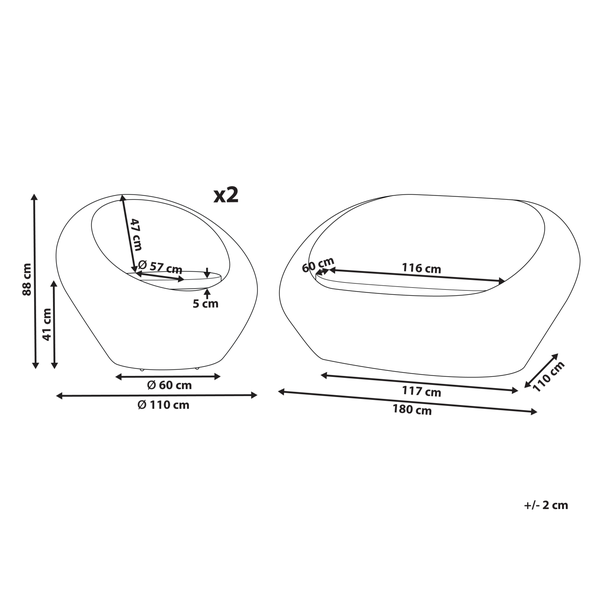 Technische Zeichnung von zwei Loungesesseln mit Maßangaben