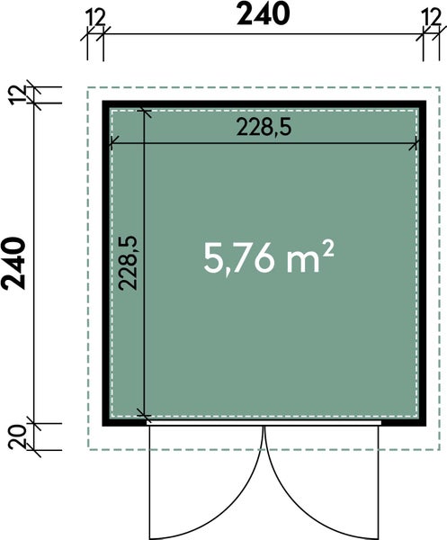 Grundrisszeichnung eines quadratischen Gartenhauses mit den Außenmaßen 240 mal 240 Zentimeter und einer Innenfläche von 5,76 Quadratmetern.