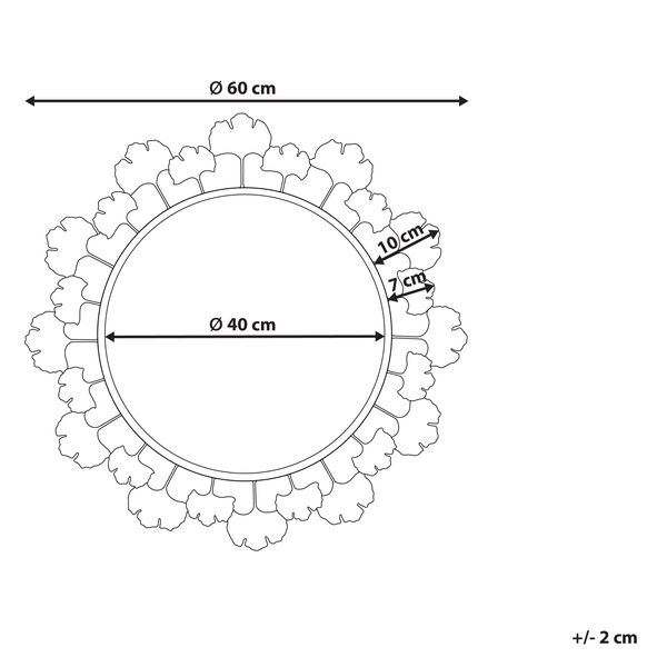 Technische Zeichnung eines runden Spiegels mit Ginkgo-Blatt-Dekor und Maßangaben