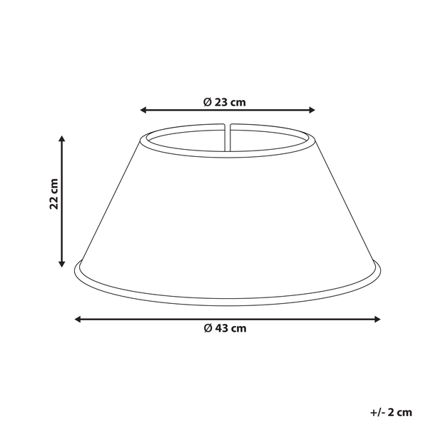 Technische Zeichnung eines Lampenschirms mit den Maßen 23 cm Durchmesser oben, 43 cm Durchmesser unten und 22 cm Höhe