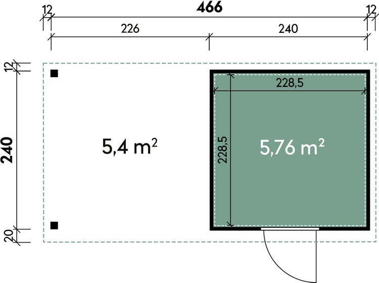Grundrisszeichnung einer Gartenhütte mit überdachter Terrasse inklusive Maßangaben in Zentimetern und Flächenangaben in Quadratmetern.