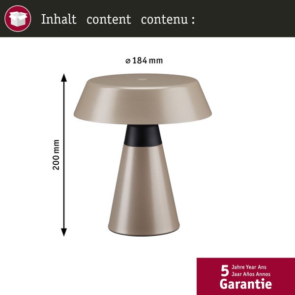 Tischleuchte mit den Maßen 200 mm Höhe und 184 mm Durchmesser sowie 5 Jahre Garantie