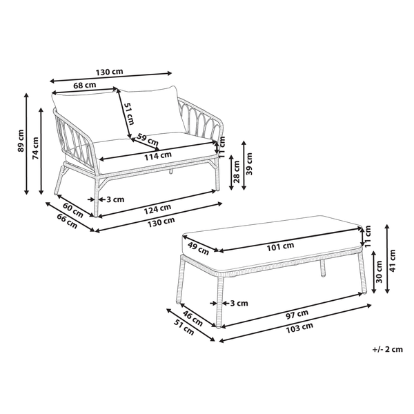 Illustration einer Gartenbank und eines 2-Sitzer-Sofas mit Maßangaben in Zentimeter für Sitzhöhe, Breite, Tiefe und Kissenstärke.