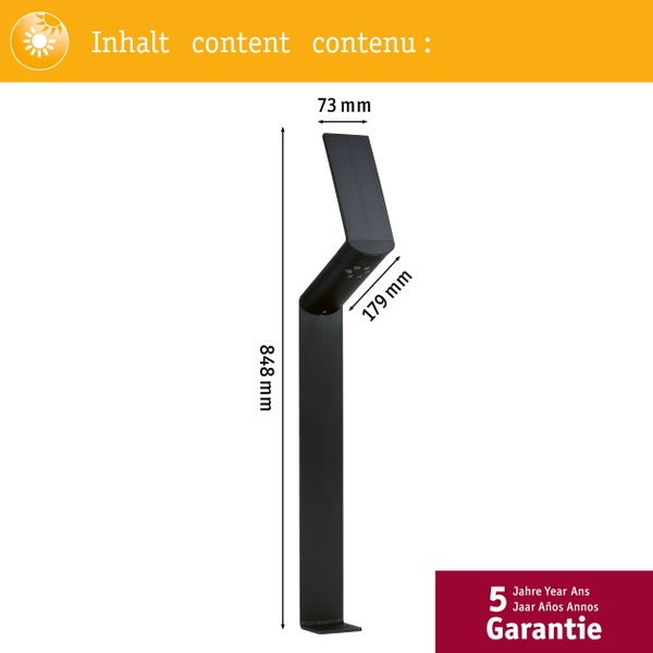 Abmessungen einer Solarleuchte: 848 Millimeter hoch, 73 Millimeter tief und 179 Millimeter breit. Fünf Jahre Garantie.