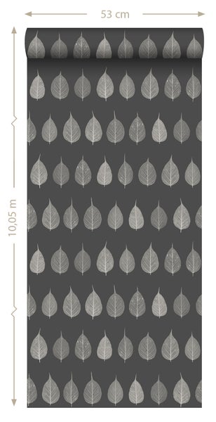 ESTAhome Tapete Skelettblätter Schwarz und Braun und Antrazitgrau - 53 cm x 10.05 m - 128849