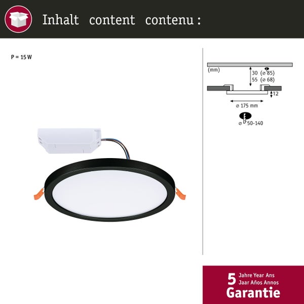 VariFit LED Einbaupanel Dim to Warm Areo IP44 rund 175mm 13W 1200lm 3 Step Dim to warm Schwarz dimmbar
