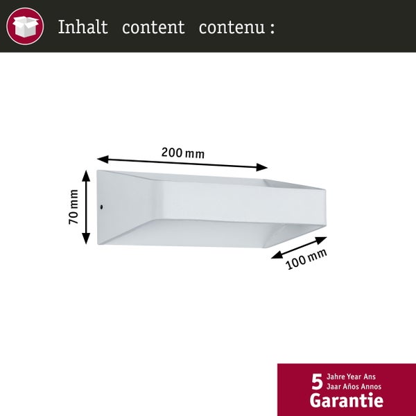 Abmessungen einer Wandleuchte: 70 Millimeter Höhe, 200 Millimeter Breite, 100 Millimeter Tiefe