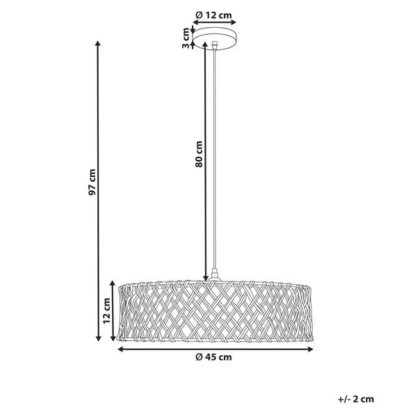 Abmessungen einer Pendelleuchte mit geflochtenem Lampenschirm, Gesamthöhe 97 cm, Schirmdurchmesser 45 cm, Schirmhöhe 12 cm