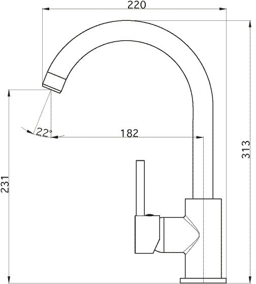 Technische Zeichnung einer Armatur mit Maßen: Höhe 313 Millimeter, Ausladung 220 Millimeter, Auslaufhöhe 231 Millimeter, Winkel 22 Grad.