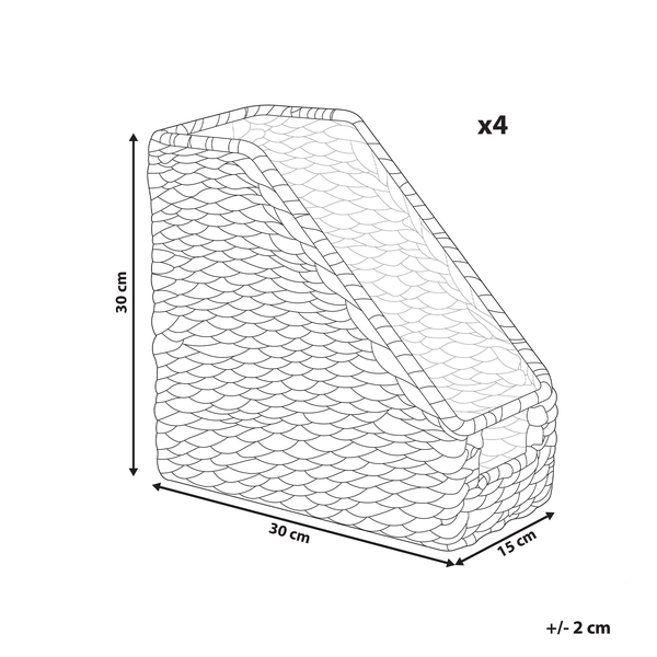 Abbildung eines geflochtenen Korbes mit den Maßen 30 x 30 x 15 Zentimeter im 4er Set