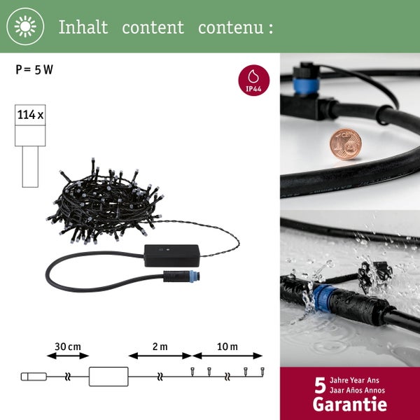Lichterkette mit 114 Lampen, Schutzart IP44 und fünf Jahre Garantie