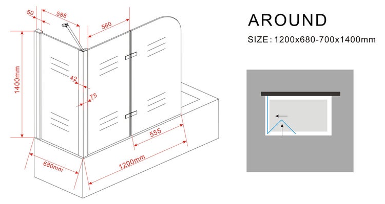 Technische Zeichnung einer Duschkabine mit Maßangaben