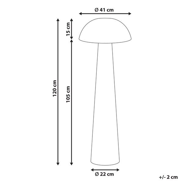 Abmessungen einer Stehleuchte: Gesamthöhe 120 cm, Lampenschirmdurchmesser 41 cm, Höhe Lampenschirm 15 cm, Durchmesser Lampenfuß 22 cm