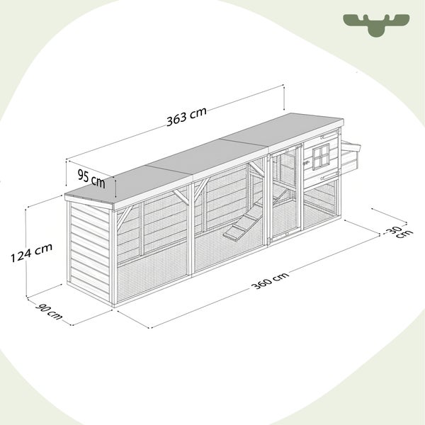 Illustration eines Hühnerstalls mit Größenangaben