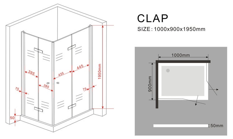Technische Zeichnung einer Duschkabine mit Maßangaben 1000x900x1950 Millimeter