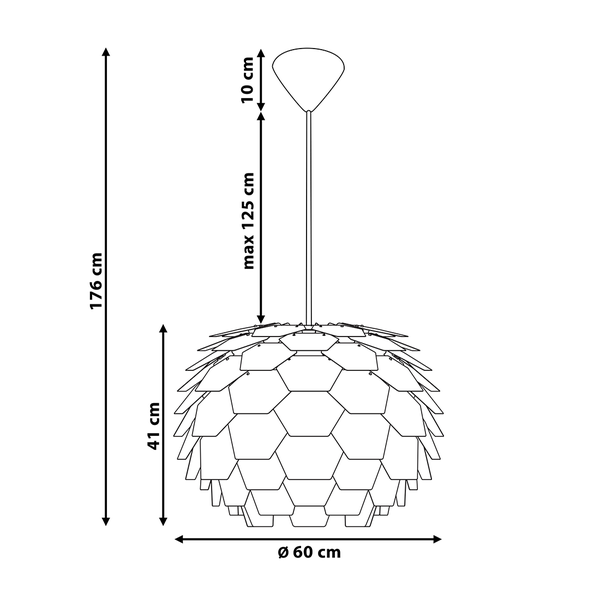 Dimensionszeichnung einer Pendelleuchte mit einem Durchmesser von 60 Zentimetern, einer Höhe von 41 Zentimetern und einer maximalen Abhängungslänge von 125 Zentimetern.