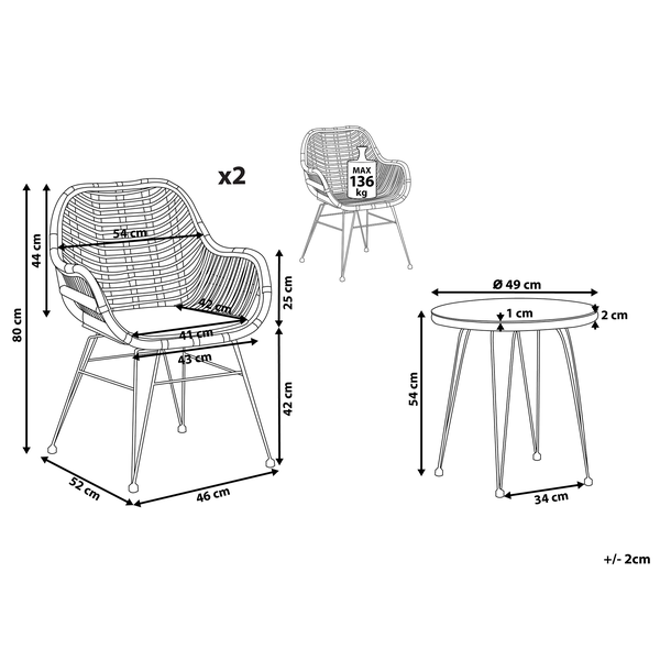 Abmessungen Gartengarnitur mit zwei Stühlen und einem Tisch