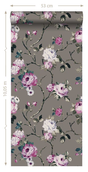 Origin Wallcoverings Tapete Blumen Taupe und Violett - 53 cm x 10.05 m - 347430