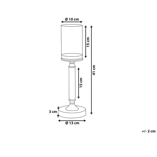 Abmessungen eines Kerzenständers mit Glasaufsatz: Gesamthöhe 41 cm, Glasaufsatz 15 cm hoch und 10 cm Durchmesser, Basis 3 cm hoch und 13 cm Durchmesser. Toleranz von plusminus 2 cm.