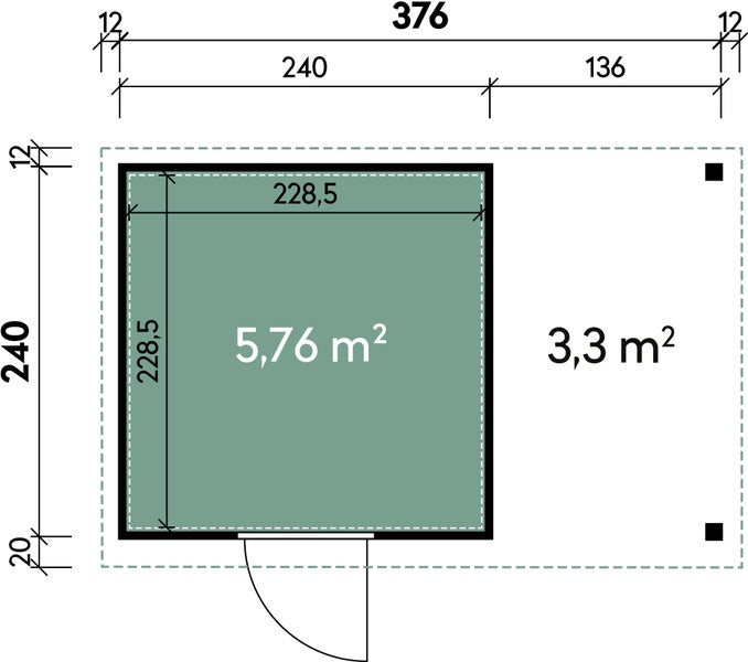 Grundriss eines Gartenhauses mit Terrasse mit Maßangaben in Zentimetern und Flächenangaben in Quadratmetern.