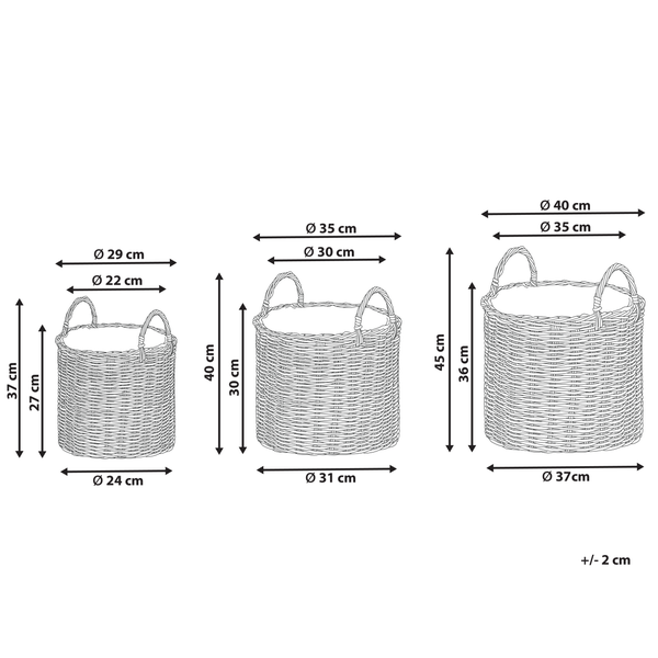 Drei geflochtene Körbe in verschiedenen Größen mit Maßangaben