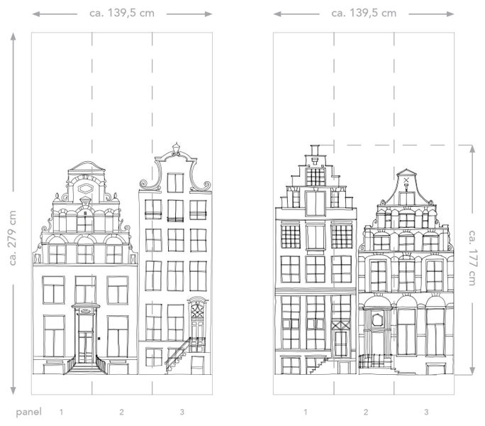 ESTAhome Fototapete gezeichnete Amsterdamer Grachtenhäuser Schwarz und Weiß - 150 x 279 cm - 158834