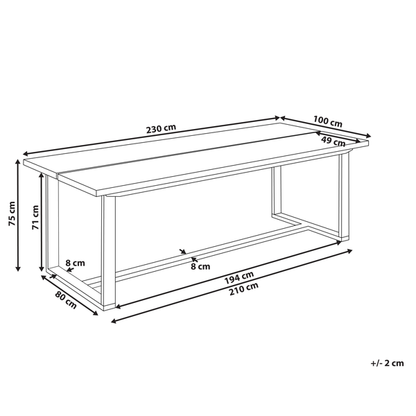 Technische Zeichnung eines Tisches mit Maßen: Länge 230 Zentimeter, Breite 100 Zentimeter und Höhe 75 Zentimeter.