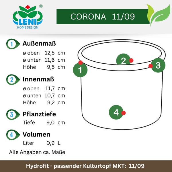 Technische Zeichnung des Leni Home Design Pflanztopfs Corona 11/09 mit Maßangaben für Außenmaß, Innenmaß, Pflanztiefe und Volumen.