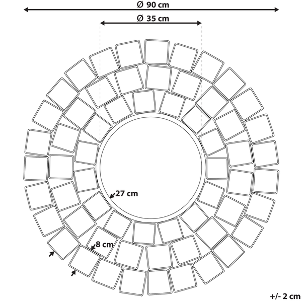 Produktdimensionen: Durchmesser 90 Zentimeter, Innendurchmesser 35 Zentimeter, Innendurchmesser des Kreises 27 Zentimeter, Seitenlänge der Quadrate 8 Zentimeter, Toleranz plus minus 2 Zentimeter.