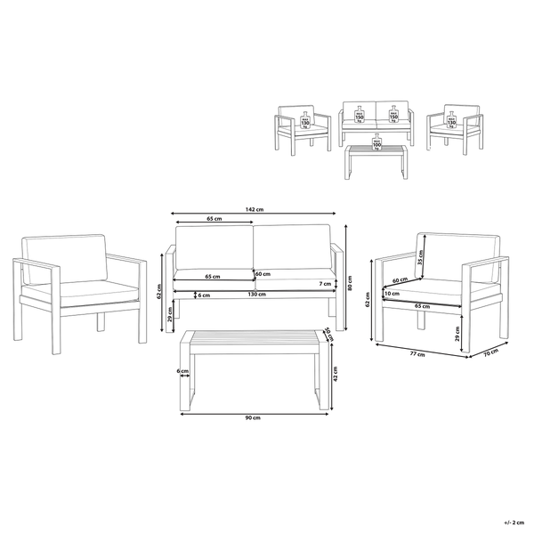 Technische Zeichnung einer Gartenmöbelgruppe mit Sofa, Sessel und Tisch inklusive Maßangaben