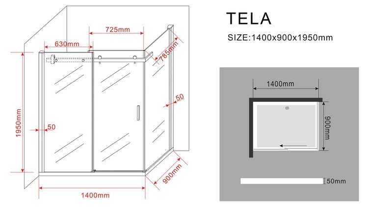 Technische Zeichnung einer Duschkabine mit den Maßen 1400x900x1950 Millimeter.