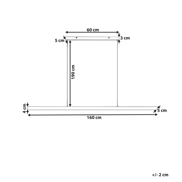 Maßzeichnung Pendelleuchte: Breite 160, Höhe 4, Tiefe 5 Zentimeter. Aufhängung 190 Zentimeter. Baldachin 60 Zentimeter. Plus minus 2 Zentimeter.