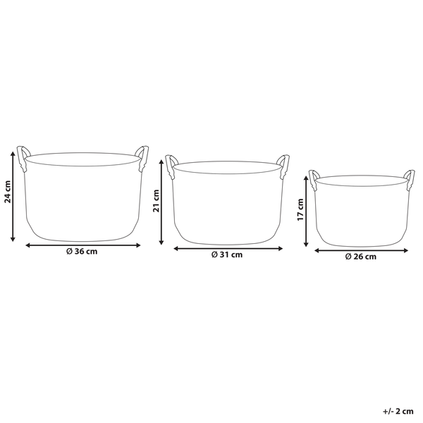 Maßskizze von drei runden Körben mit Griffen in den Größen 24 mal 36, 21 mal 31 und 17 mal 26 Zentimeter, plus minus 2 Zentimeter.