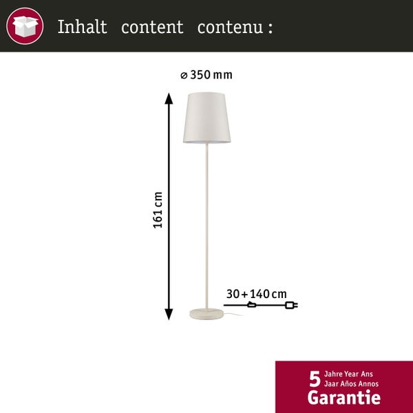 Abmessungen der Stehlampe: 161 cm Höhe, 350 mm Durchmesser des Lampenschirms, 30 plus 140 cm Kabellänge