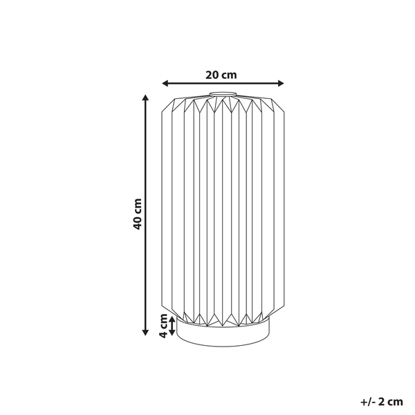 Maßskizze einer Leuchte mit Plissee-Schirm, Höhe 40 Zentimeter, Breite 20 Zentimeter, Sockelhöhe 4 Zentimeter, Toleranz plus minus 2 Zentimeter.