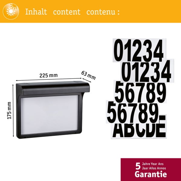 Solar LED Hausnummernleuchte Dayton II IP44 3000K 2lm Schwarz
