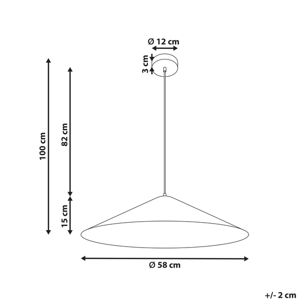 Technische Zeichnung einer Pendelleuchte mit den Maßen 100 cm Höhe, 58 cm Durchmesser und 12 cm Baldachindurchmesser