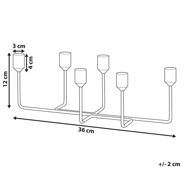 Abmessungen einer Kerzenleuchte mit sechs Armen, circa 36 cm breit.