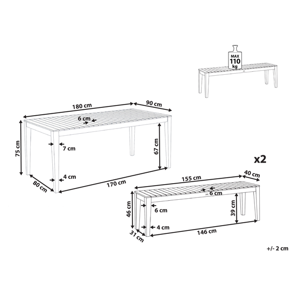 Abmessungen von Gartentisch und Gartenbänken
