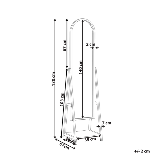 Technische Zeichnung eines Standspiegels mit Rundbogen und Ablage, Maße: Höhe 170 Zentimeter, Breite 39 Zentimeter, Tiefe 57 Zentimeter.