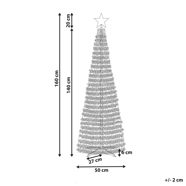 Illustration eines 160 Zentimeter hohen, beleuchteten Weihnachtsbaums mit Sternspitze und den Maßen 50 mal 27 Zentimeter am Fuß.