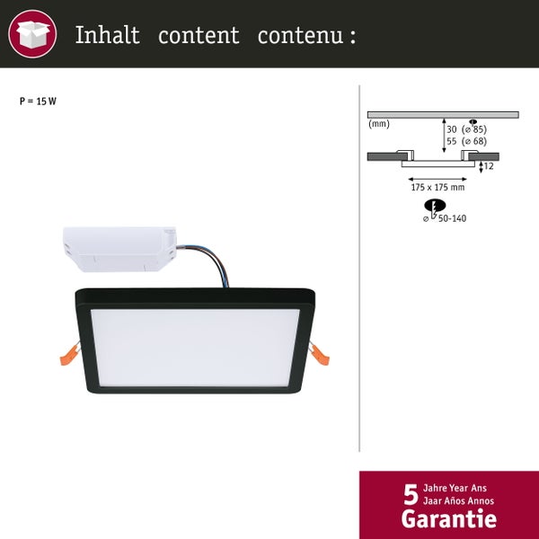 VariFit LED Einbaupanel Dim to Warm Areo IP44 eckig 175x175mm 13W 1200lm 3 Step Dim to warm Schwarz dimmbar