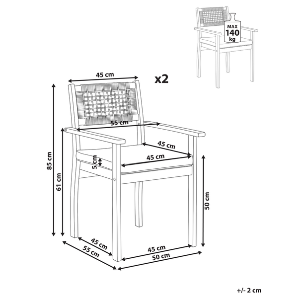 Technische Zeichnung von zwei Armlehnstühlen mit Maßangaben und einer maximalen Belastbarkeit von 140 Kilogramm