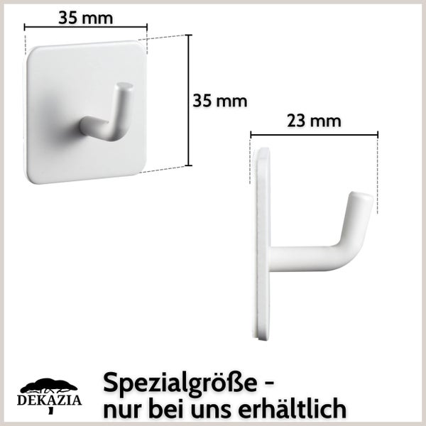 Quadratischer Klebehaken mit Maßen 35 Millimeter mal 35 Millimeter und einer Tiefe von 23 Millimeter mit Dekazia Logo
