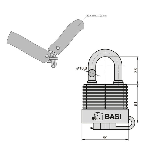 BASI - Kettenschloss Wetterschutz - ZR 322 - Kombination bestehend aus ummantelte Stahlkette (10x1100mm) und Vorhangschloss VHS 615 50mm - Verschiedenschließend - inkl. 2 Schlüssel