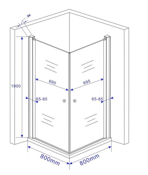 Technische Zeichnung einer Duschkabine mit Maßangaben
