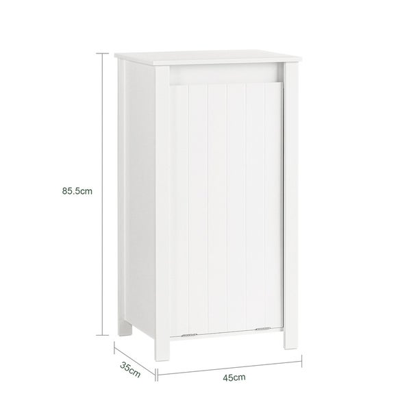 Weißer Badezimmerschrank mit den Maßen 85,5 cm Höhe, 35 cm Breite und 45 cm Tiefe.