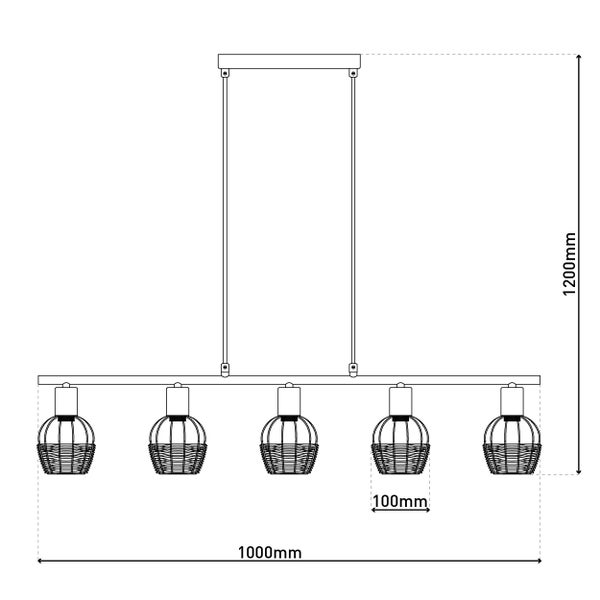 5er Pendelleuchte CORBIS,  Hängelampe aus Metall in Schwarz, mit Gold und Rattan, mit E14-Fassung, für Esszimmer, Wohnzimmer, Diele oder Büro, 100 cm lang