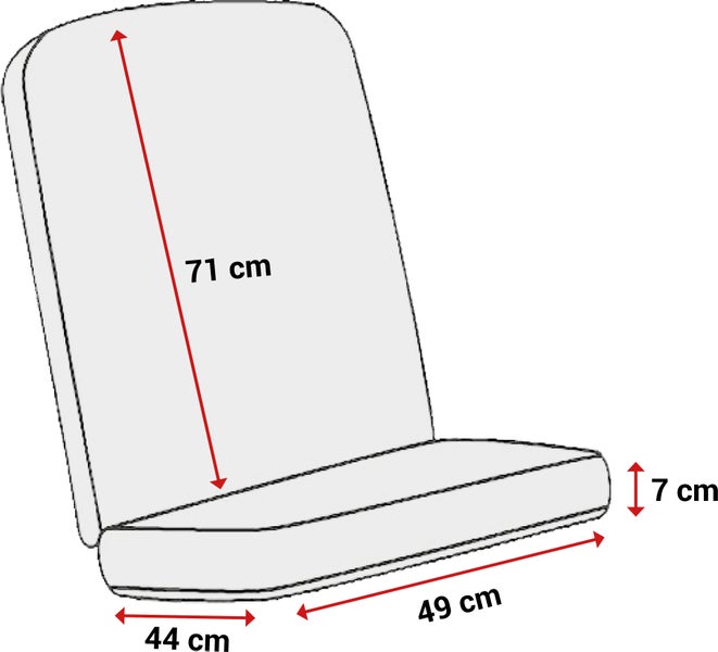 Maßzeichnung einer Hochlehner-Auflage: Rückenhöhe 71 Zentimeter, Sitzbreite 44 Zentimeter, Sitztiefe 49 Zentimeter und Stärke 7 Zentimeter.